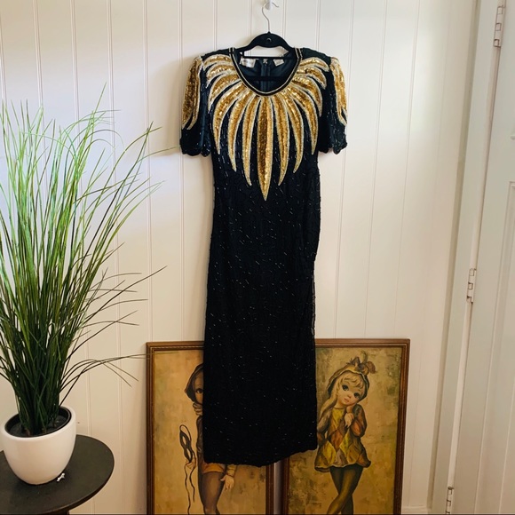 Vintage Denise Elle Black Silk Sequined Gown - Picture 2 of 8